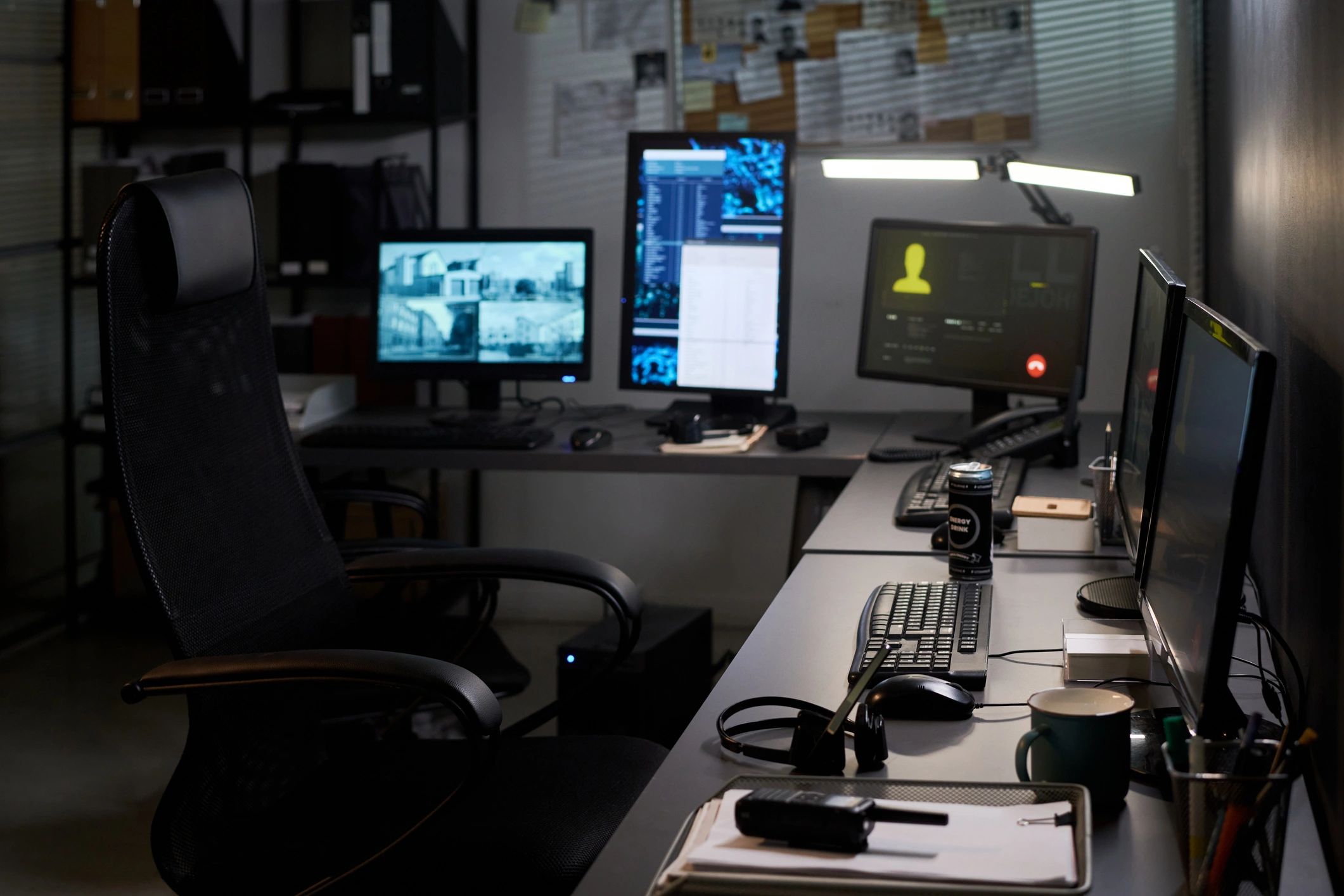 Operations control room with multiple monitoring screens